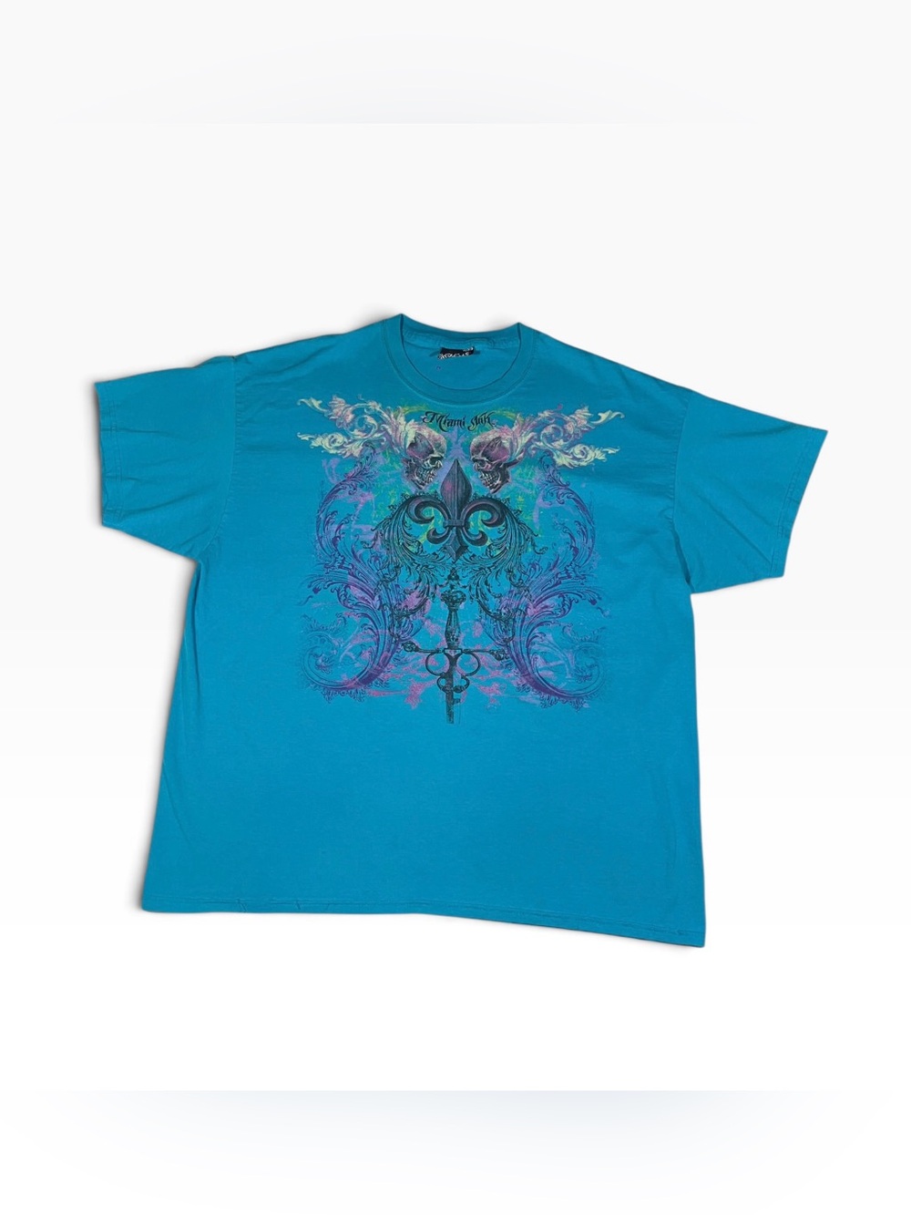 Vintage Y2K Miami Ink Tattoo Skull Neon Fleur De Lis Print T Shirt XXL Mallgoth